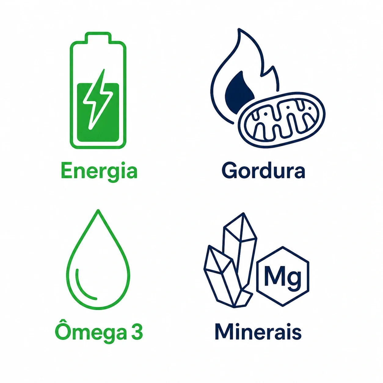 Infográfico de exemplos de carências reveladas pela metabolômica: energia das células, uso de gordura, equilíbrio das gorduras boas e minerais
