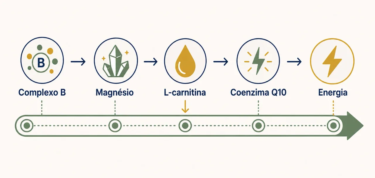 Infográfico mostrando os principais suplementos e a etapa da produção de energia em que cada um atua