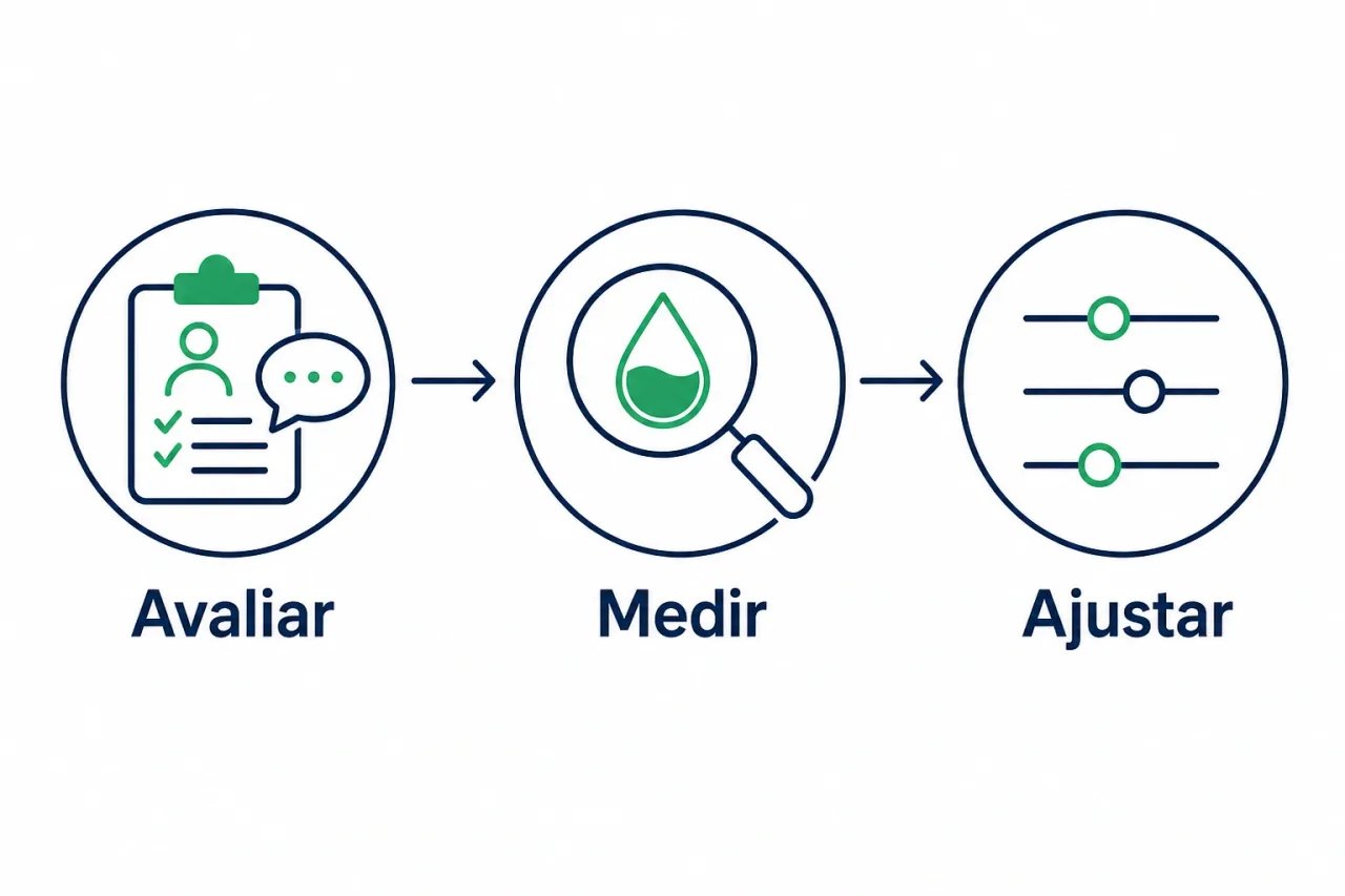 Infográfico das três etapas da suplementação personalizada: avaliar, medir e ajustar