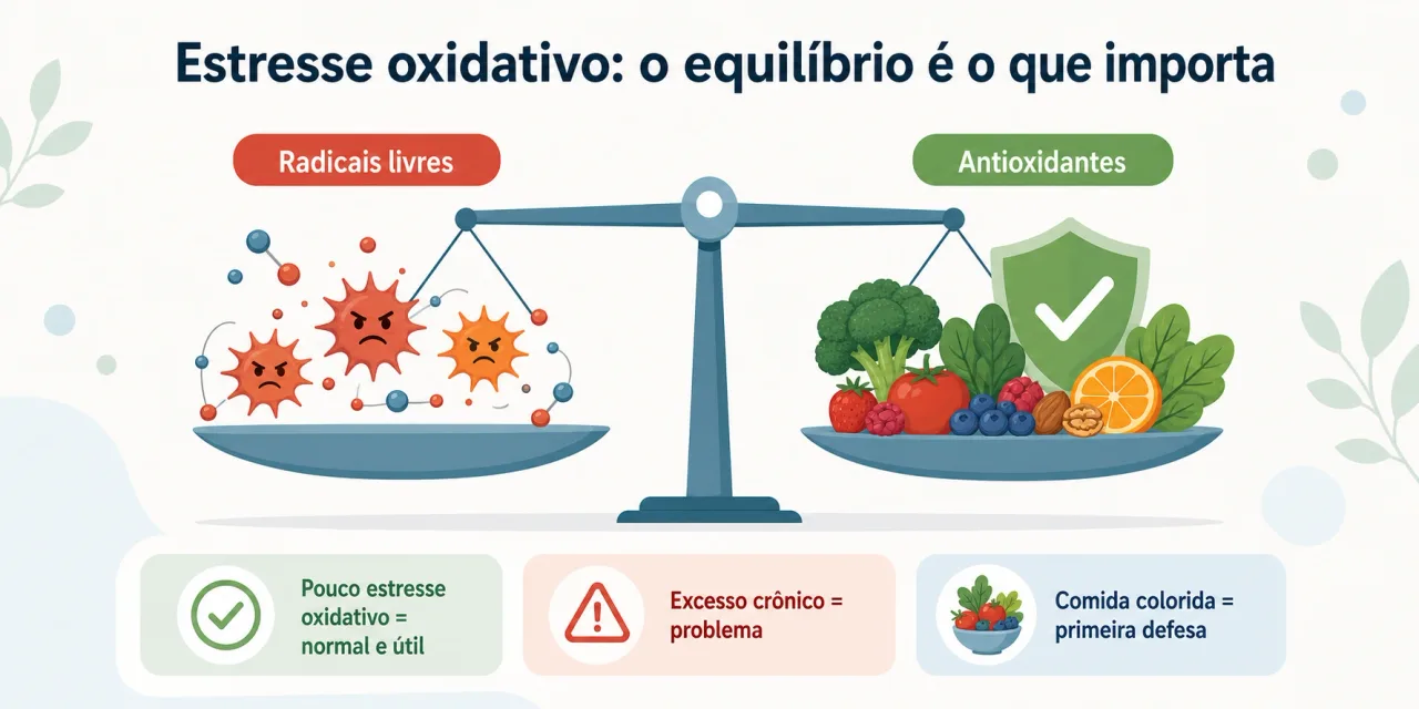 Infográfico explicando que um pouco de estresse oxidativo é normal e útil, e que o problema é o excesso crônico, com a comida colorida como primeira defesa