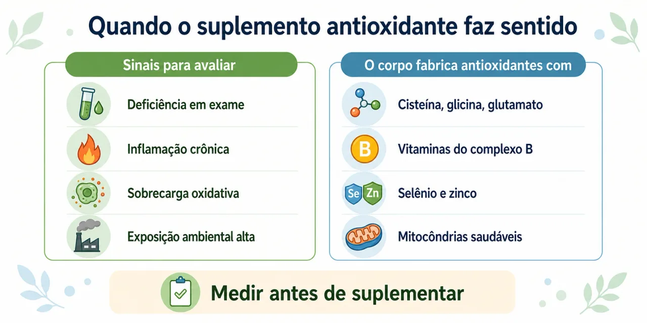 Infográfico mostrando os sinais de que pode haver sobrecarga oxidativa e os cofatores que o corpo usa para fabricar os próprios antioxidantes