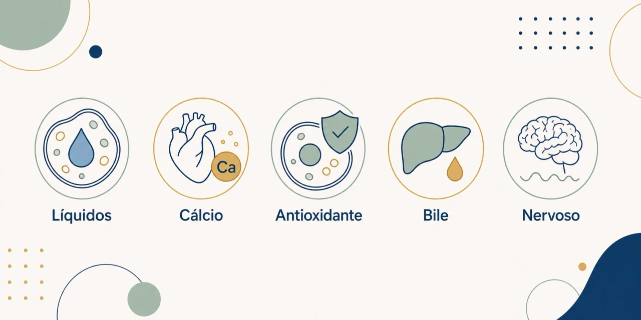 Infográfico mostrando as principais funções da taurina: equilíbrio de líquidos, cálcio, antioxidante, bile e sistema nervoso