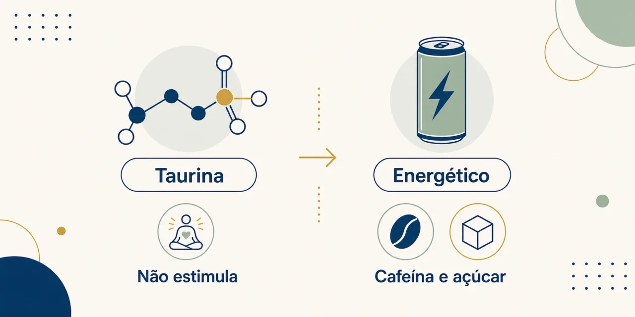 Infográfico comparando a taurina pura com a bebida energética, destacando que a sensação de energia vem da cafeína e o ponto de atenção é o excesso de cafeína e açúcar