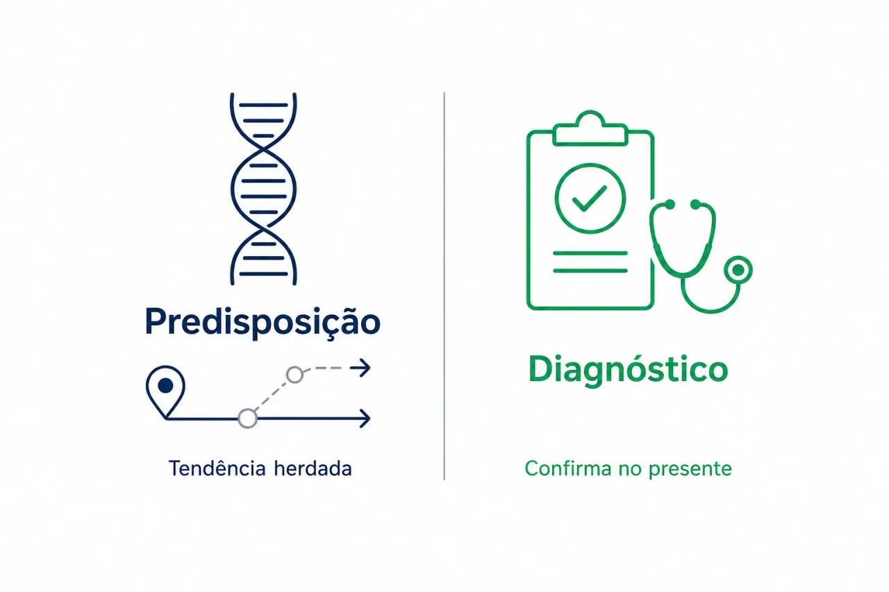 Ilustração mostrando a diferença entre predisposição e diagnóstico no teste genético