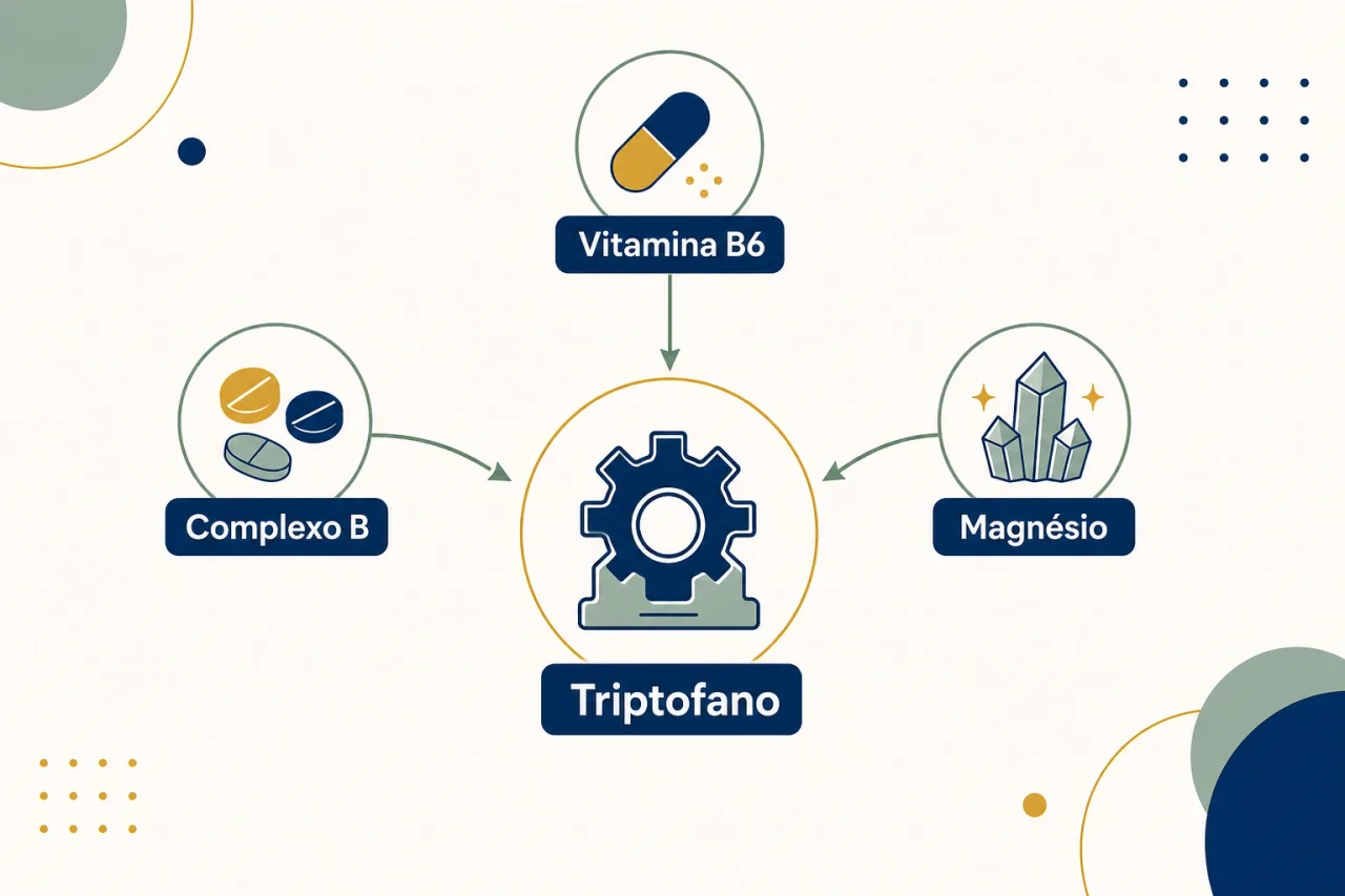 Infográfico dos cofatores do triptofano: vitamina B6, complexo B e magnésio