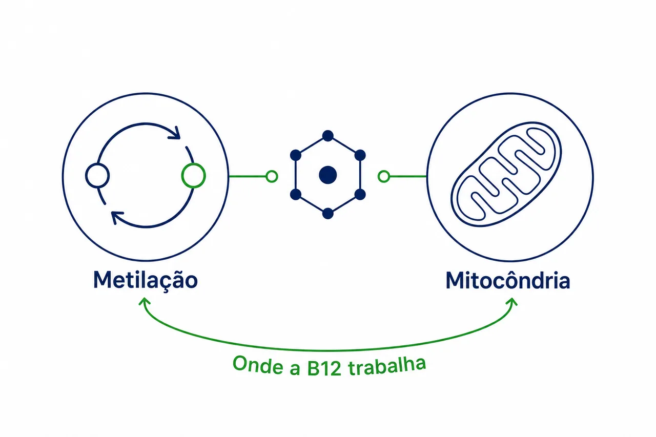 Ilustração da vitamina B12 atuando na metilação e dentro da mitocôndria