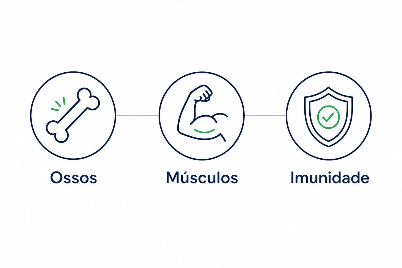 Infográfico leve mostrando as três áreas em que a vitamina D mais atua no corpo: ossos, músculos e imunidade