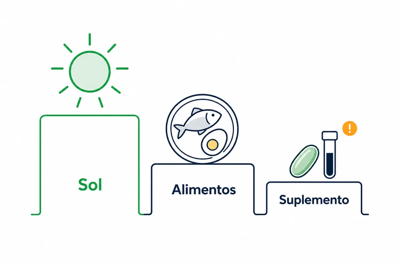 Infográfico comparando as três fontes de vitamina D: sol como principal, alimentos em menor quantidade e suplemento guiado por exame