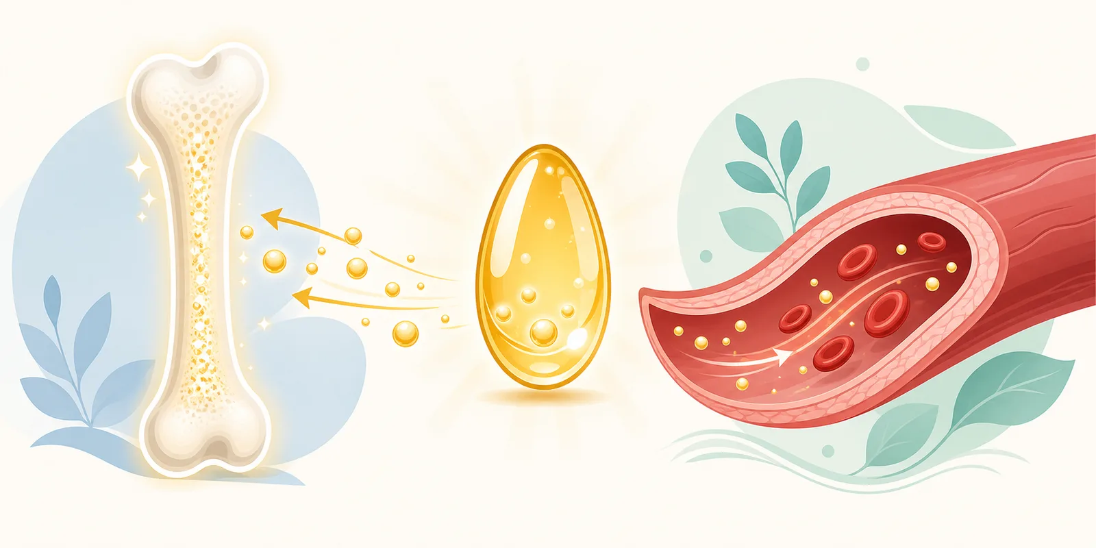 Ilustração de uma cápsula de vitamina D3 com K2, ao lado de um osso forte e uma artéria protegida