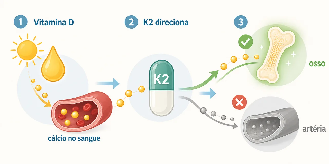 Infográfico mostrando que a vitamina D leva o cálcio ao sangue e a vitamina K2 direciona esse cálcio para o osso e para longe da artéria