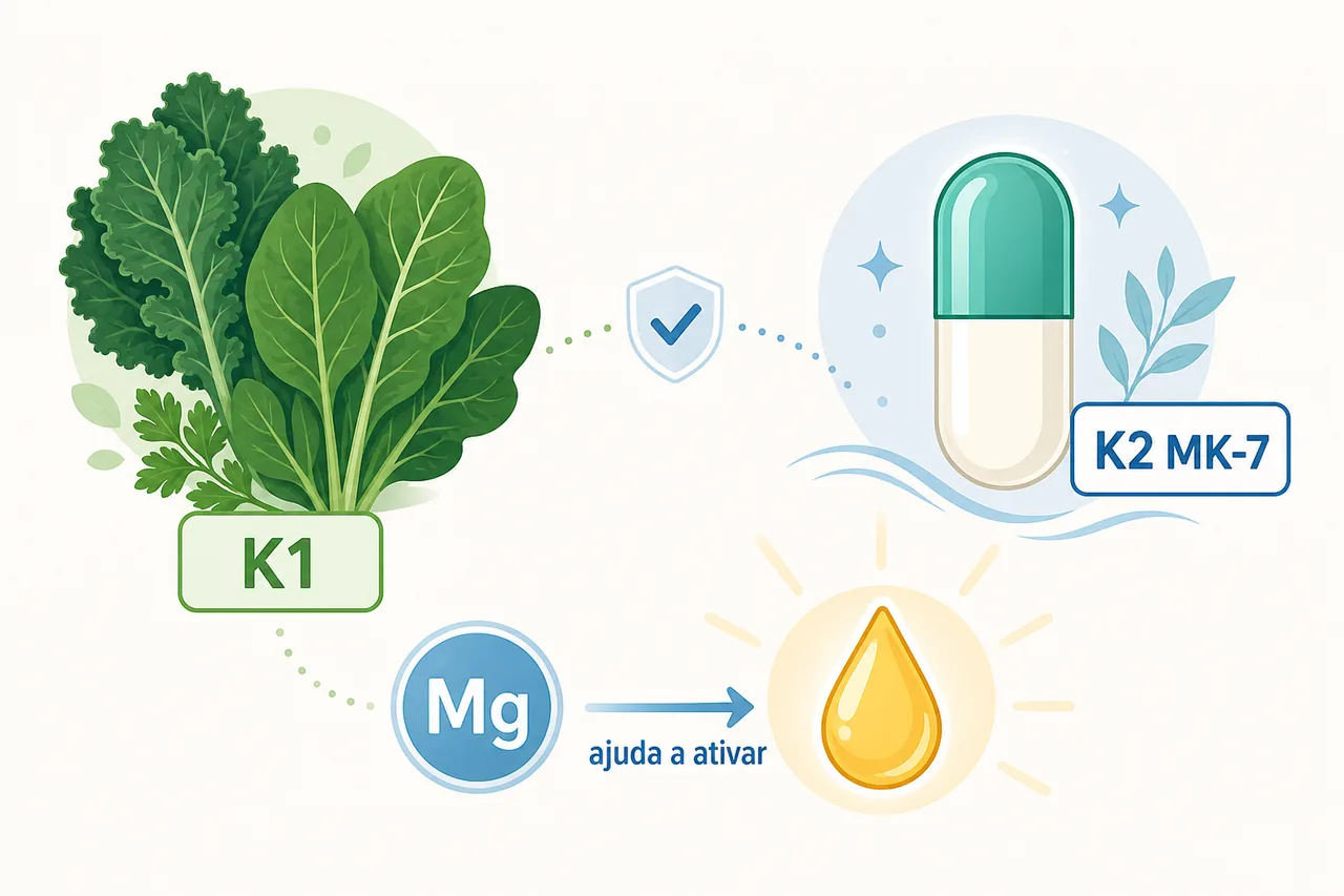 Ilustração comparando a vitamina K1 das folhas verdes e a vitamina K2 MK-7 dos suplementos, com o magnésio como apoio à ativação da vitamina D