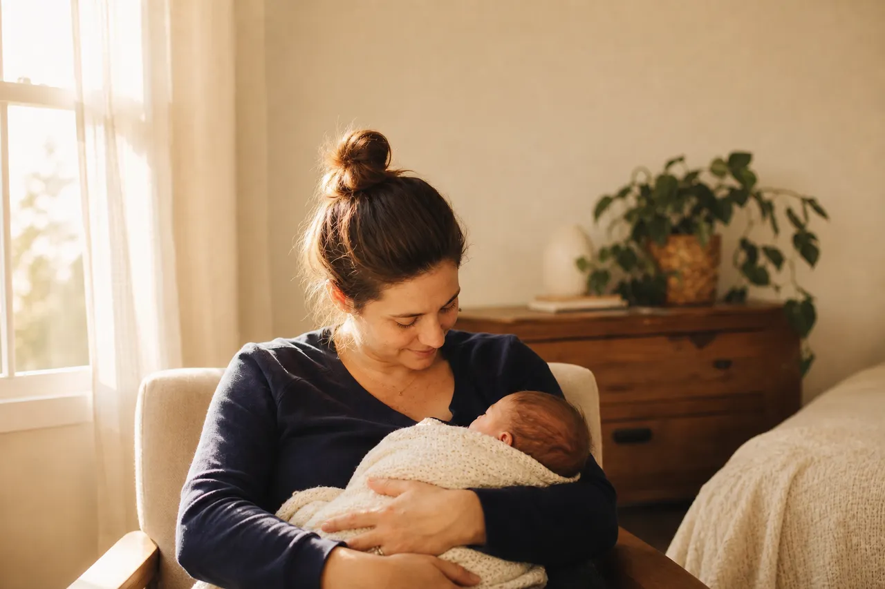 Mãe amamentando o bebê em um momento de cuidado e tranquilidade