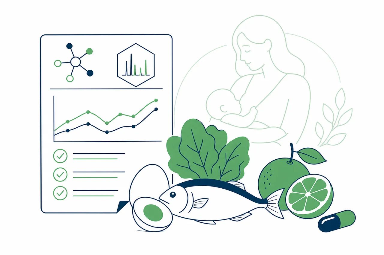 Ilustração de uma avaliação personalizada de nutrientes na amamentação, com exame e alimentos