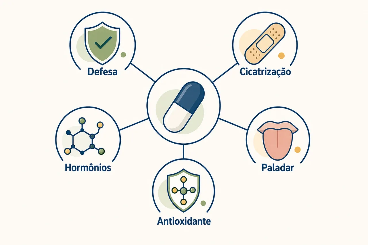 Infográfico flat mostrando as funções do zinco no corpo: defesa, pele, hormônios, paladar e antioxidante