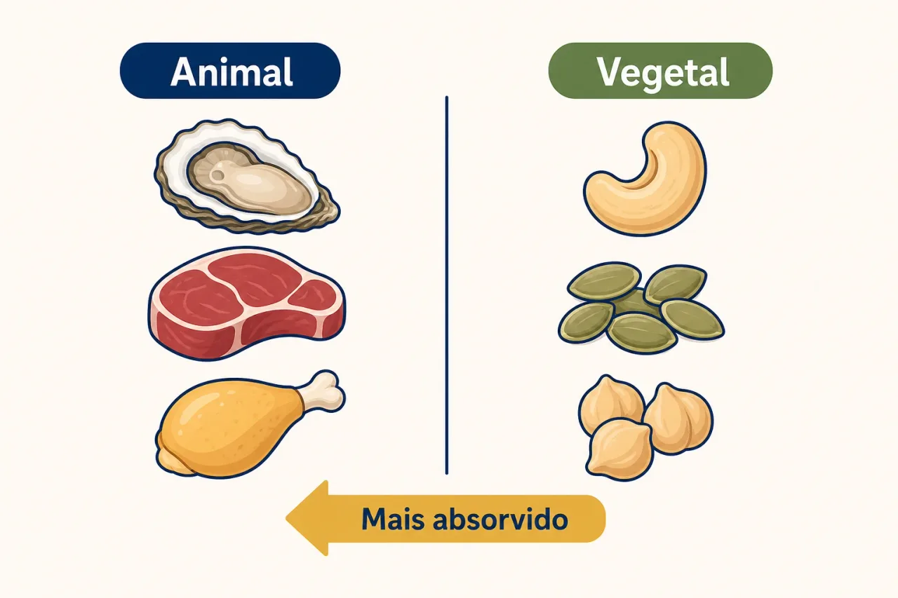 Infográfico flat comparando fontes de zinco animal e vegetal, com ostra, carne, castanha de caju e semente de abóbora